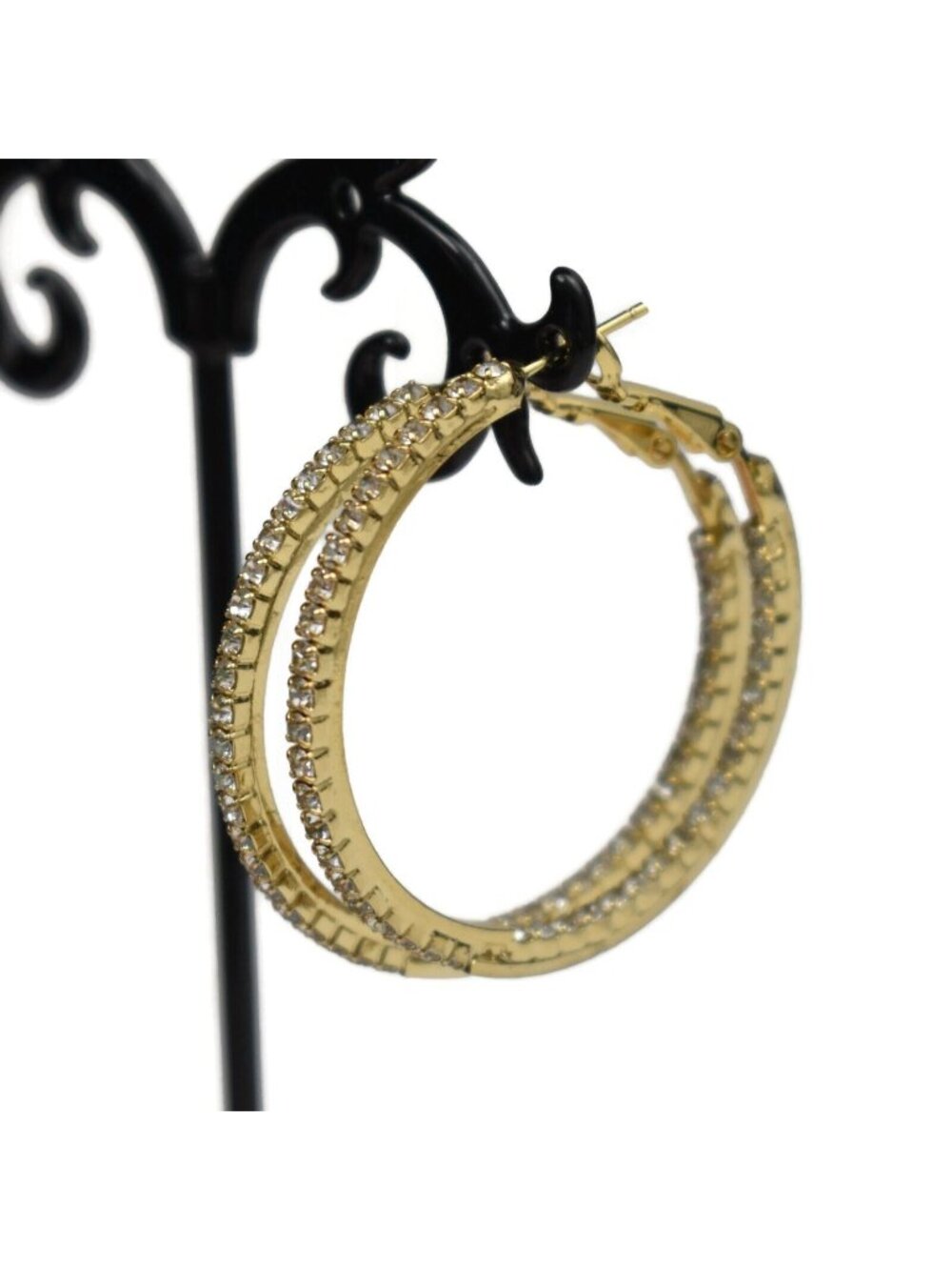 Lauren G Adams Round Hoop Earrings Rhinestone Crystal Inside Out Gold Finish